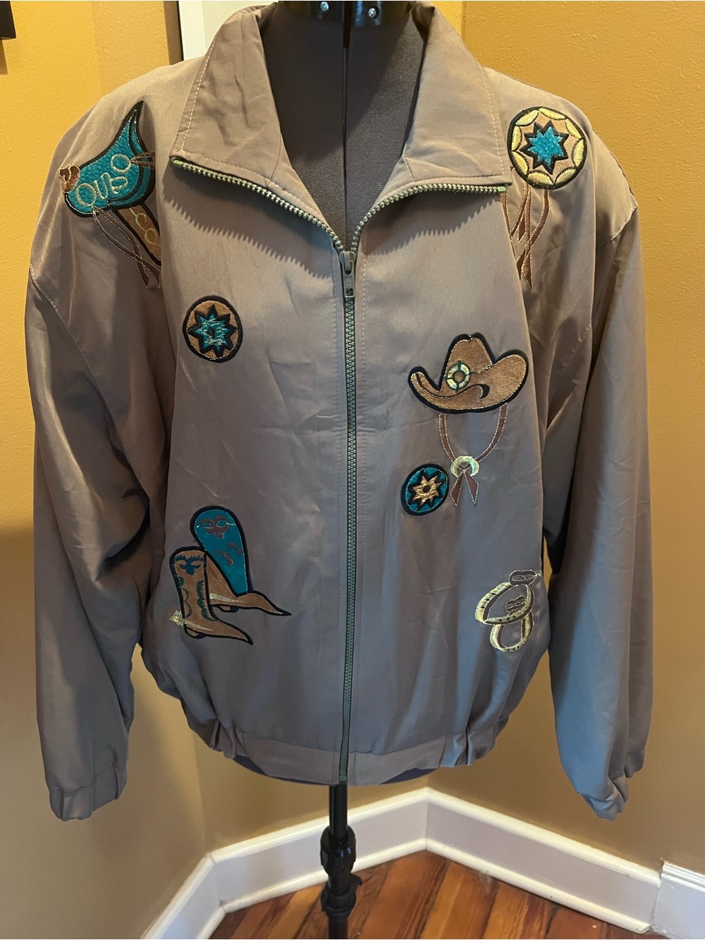 Taupe Western-Embroidered Utility Jacket with Teal Accents
